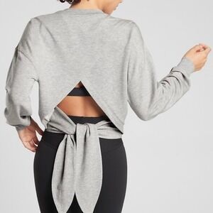 Athleta Yoga Tie Back Sweatshirt XL Heather Gray Crewneck Athleisure Fitness Gym